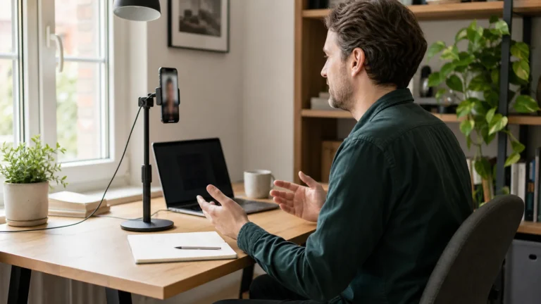 Smartphone positioned near eye level for a hands-free video call at a small desk
