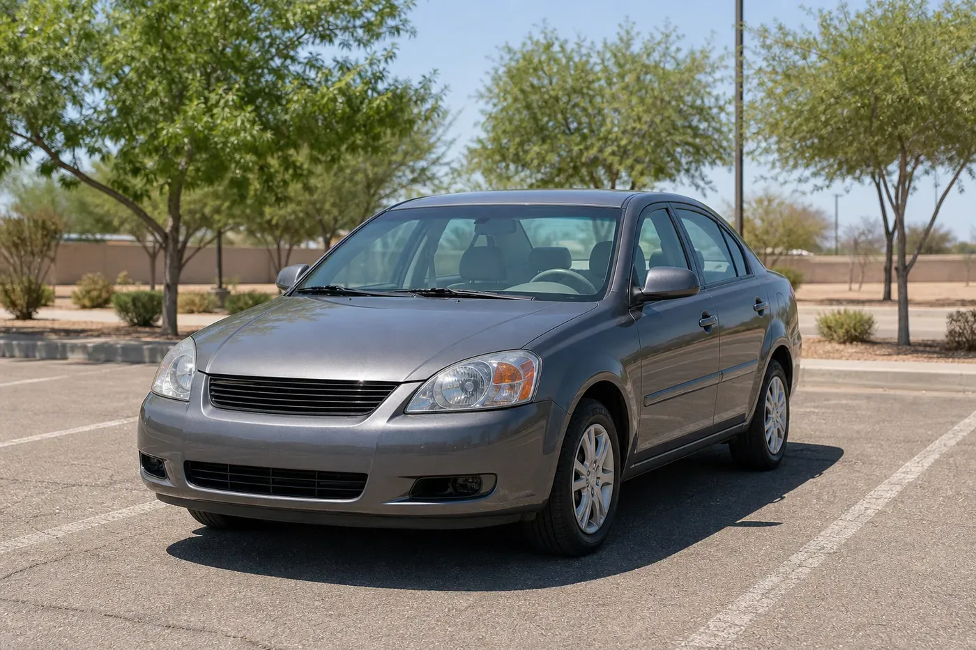 Empty compact sedan parked in strong summer sunlight with the dashboard visible through the windshield