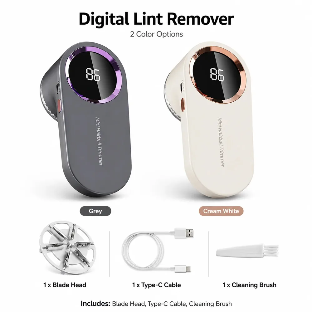 AliExpress digital rechargeable fabric shaver shown in gray and cream with a blade head, charging cable, and cleaning brush