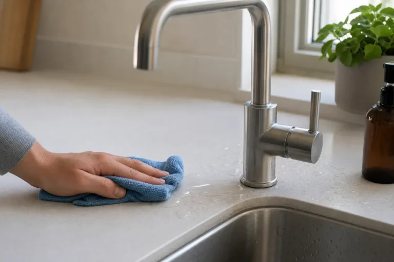 A hand wiping water pooled around a kitchen faucet