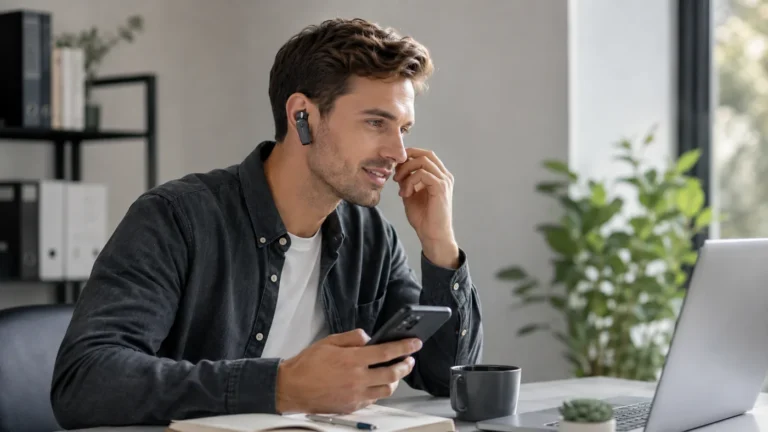 Man taking a phone call with a single Bluetooth earpiece at a laptop desk