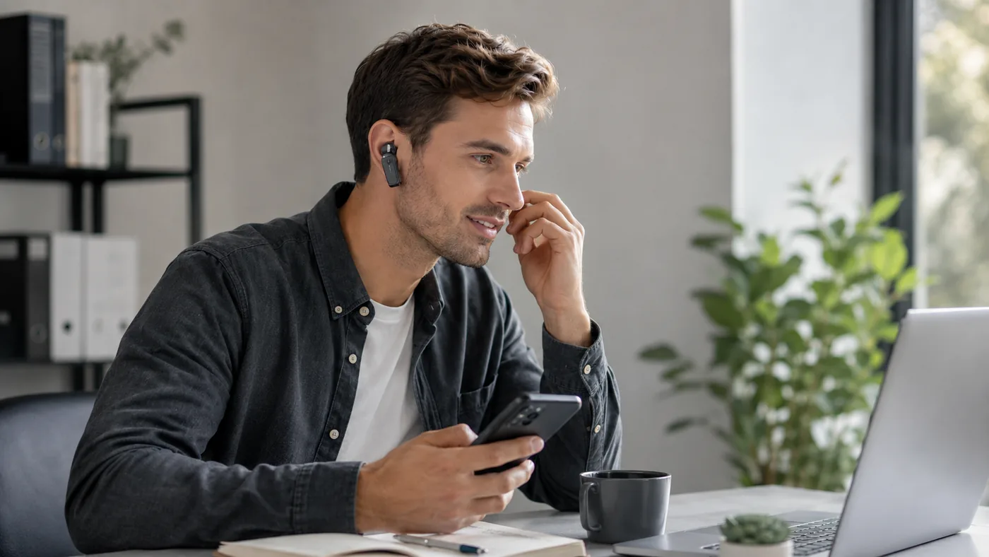 Man taking a phone call with a single Bluetooth earpiece at a laptop desk