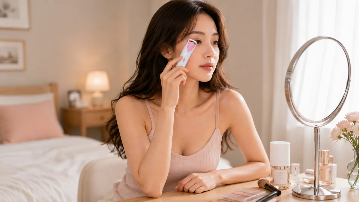 Woman using a heated eyelash curler in front of a mirror with steady lighting