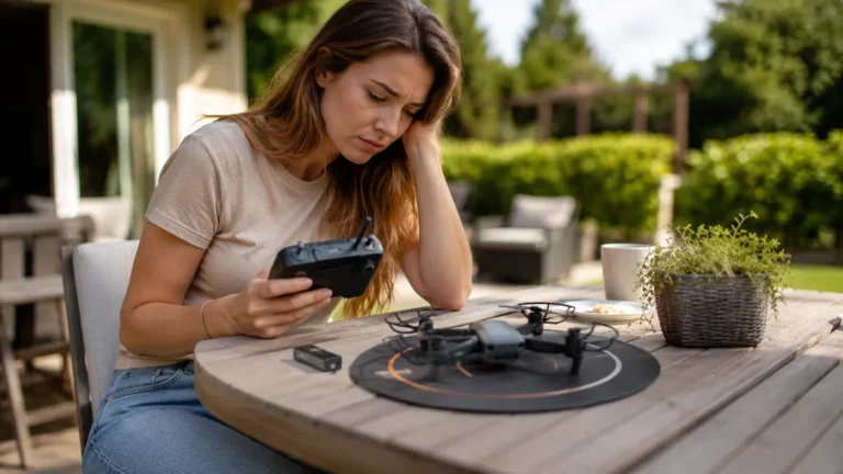 RC drone owner comparing a spare battery and controller beside a small quadcopter