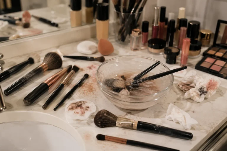 Makeup brushes being washed in a bowl on a crowded bathroom counter