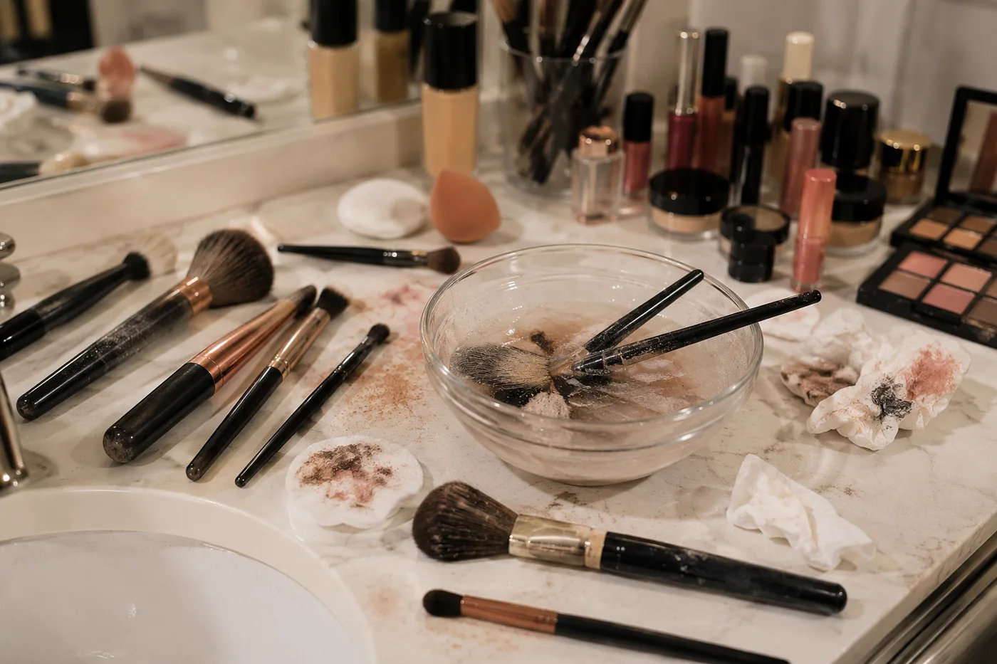 Makeup brushes being washed in a bowl on a crowded bathroom counter