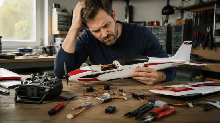 RC hobbyist checking a fixed-wing model and flight electronics on a workbench