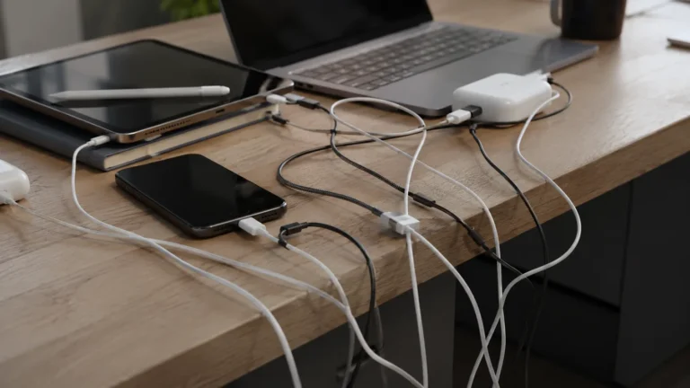Charging cables falling across the edge of a crowded laptop desk