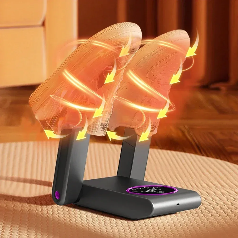 AliExpress foldable electric shoe dryer shown holding two white sneakers with a circular timer control