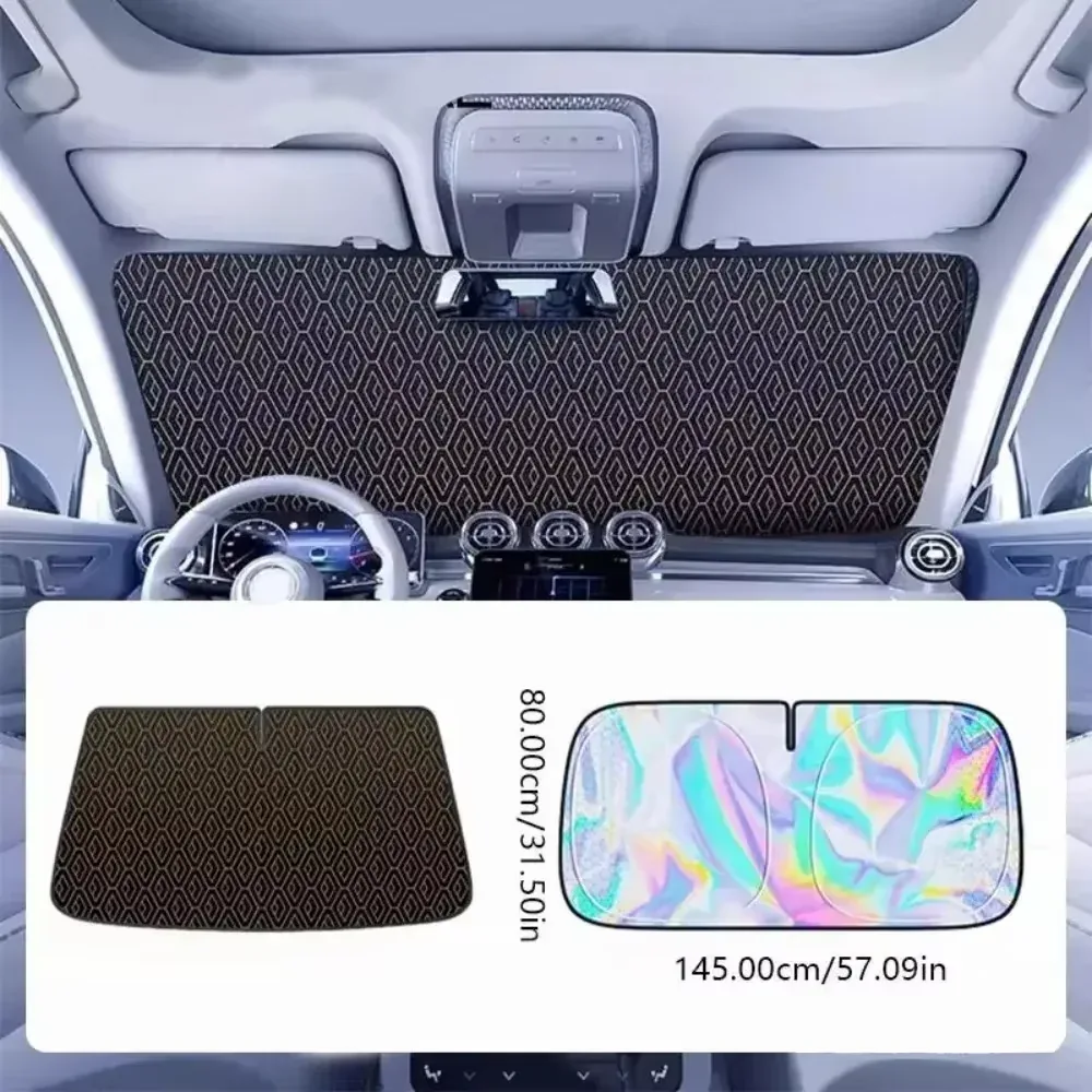 AliExpress foldable windshield sunshade shown inside a car with a 145 by 80 centimeter size label