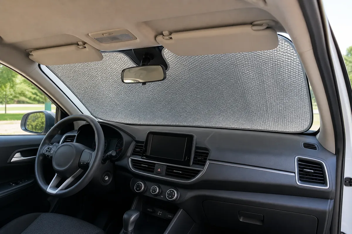 Flexible reflective sunshade fitted inside a parked car windshield around the mirror mount