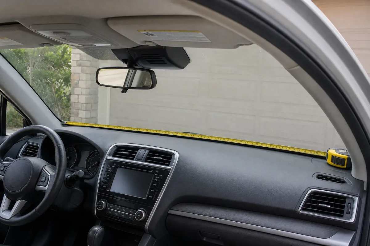Tape measure extended across the lower inside edge of a parked car windshield