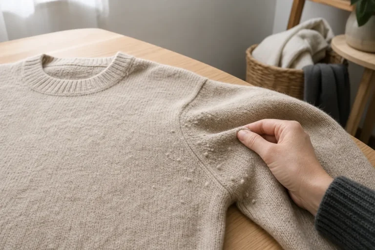 A hand inspecting fabric pills under the arm of a beige knitted sweater