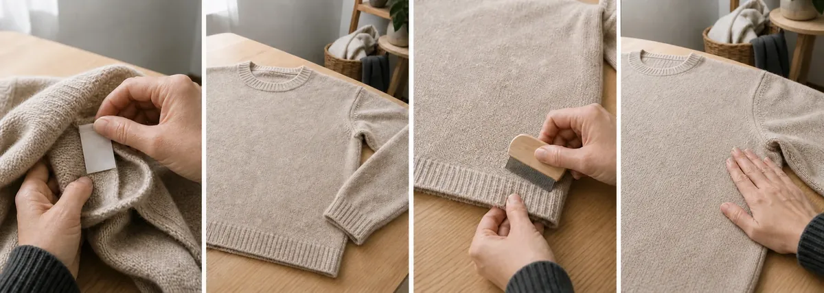 Four preparation steps for sweater pilling: checking the label, laying the knit flat, testing a comb, and smoothing the fabric