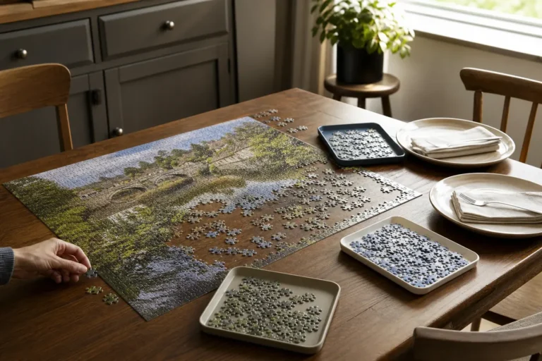 An unfinished jigsaw puzzle occupying a dining table set for a meal