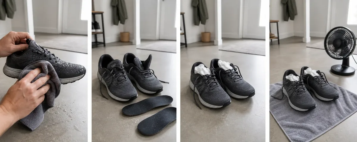 Four stages of drying wet running shoes: blotting, removing insoles, adding plain absorbent paper, and using gentle fan airflow