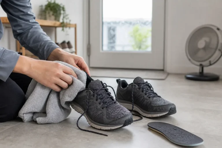 Hands blotting rain-soaked gray running shoes beside a removed insole and a table fan