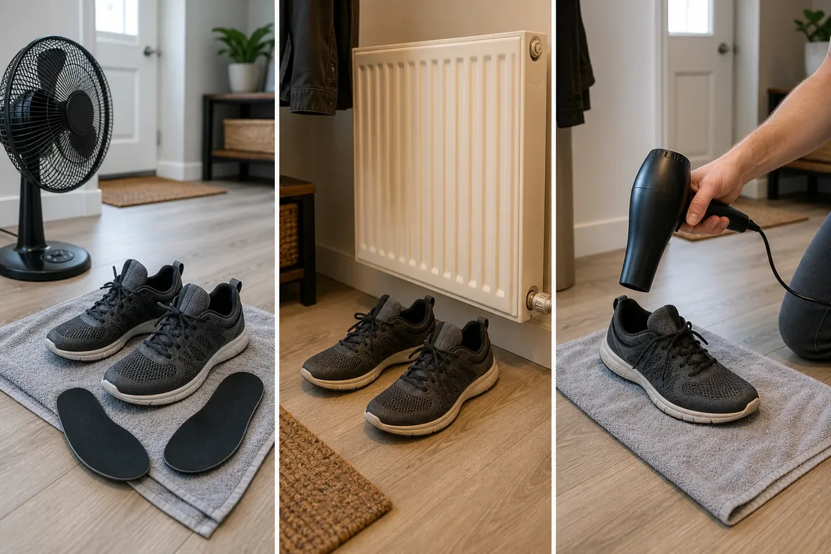 Three shoe drying setups: fan airflow, shoes near a radiator, and close-range hair dryer heat