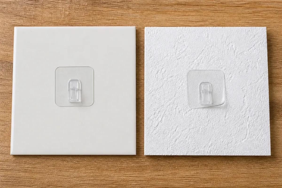 Clear adhesive hooks compared on smooth tile and rough painted wall samples