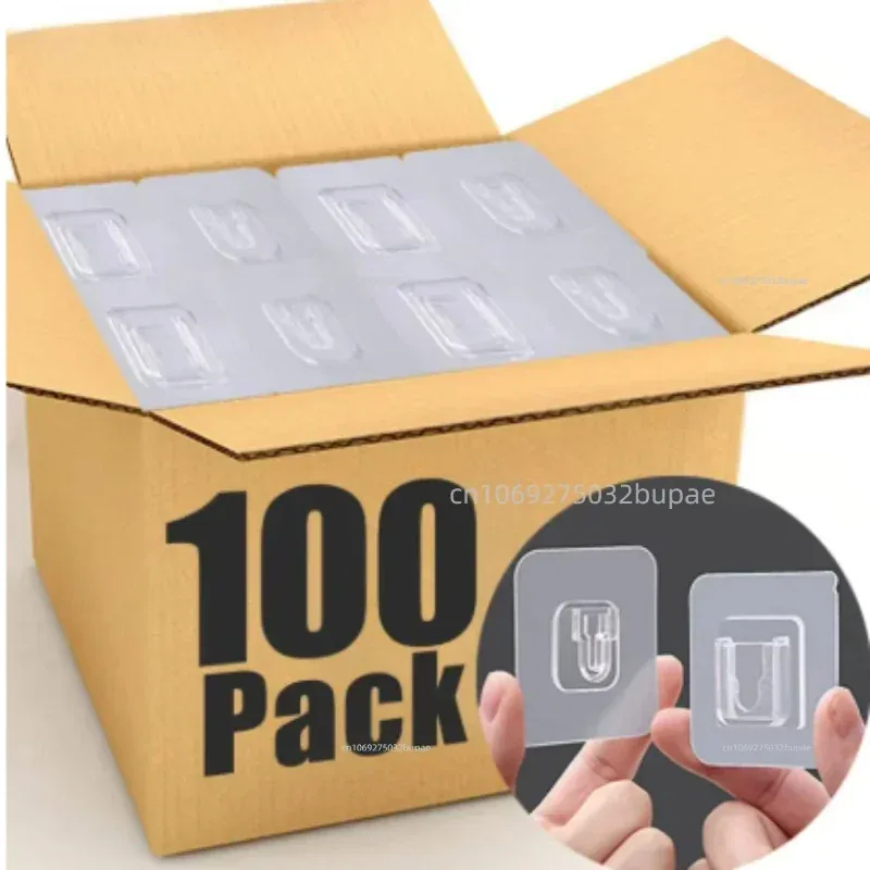 Box of transparent double-sided adhesive hook pairs shown in a marketplace listing