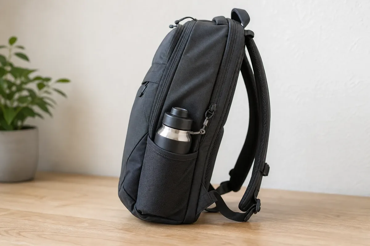 Backpack tilted forward with a bottle seated deeply in the side pocket and secured by a short slack tether