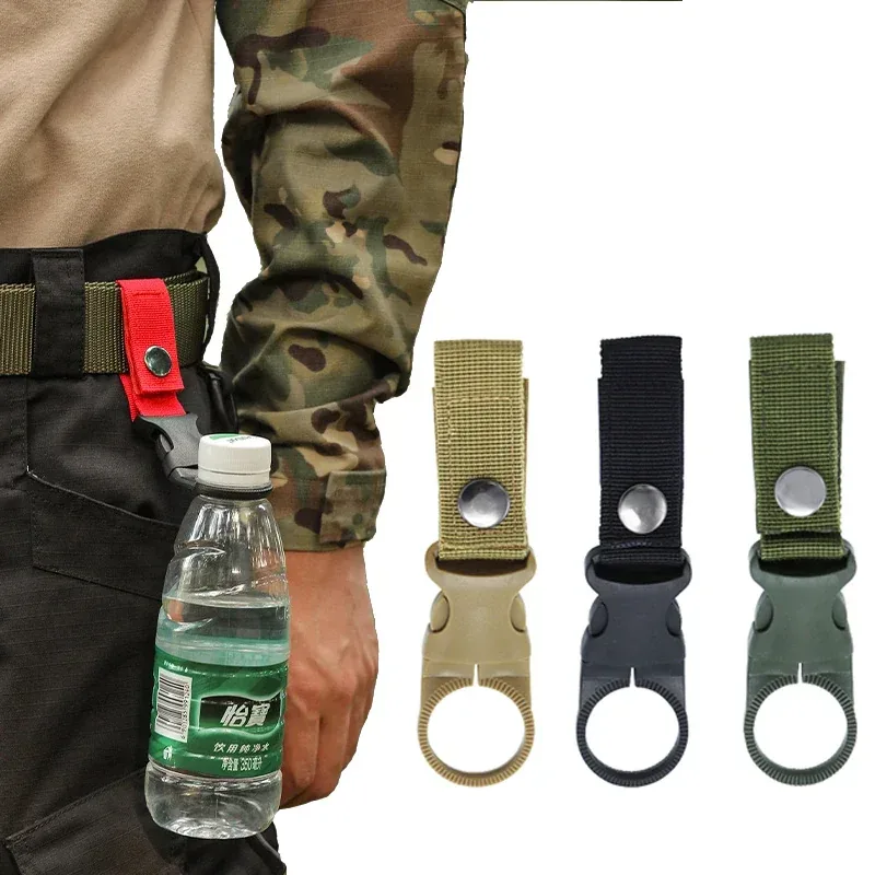 Nylon water bottle holder ring with clip shown attached to a plastic bottle and belt loop