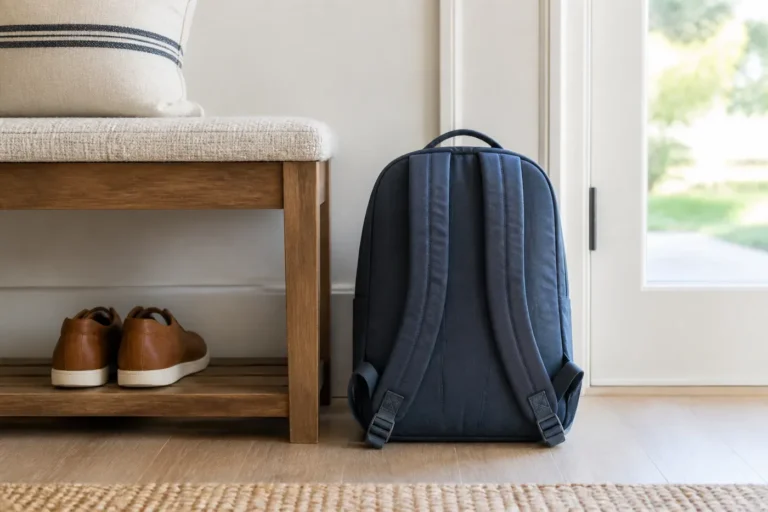 Day backpack standing upright with both shoulder straps adjusted evenly