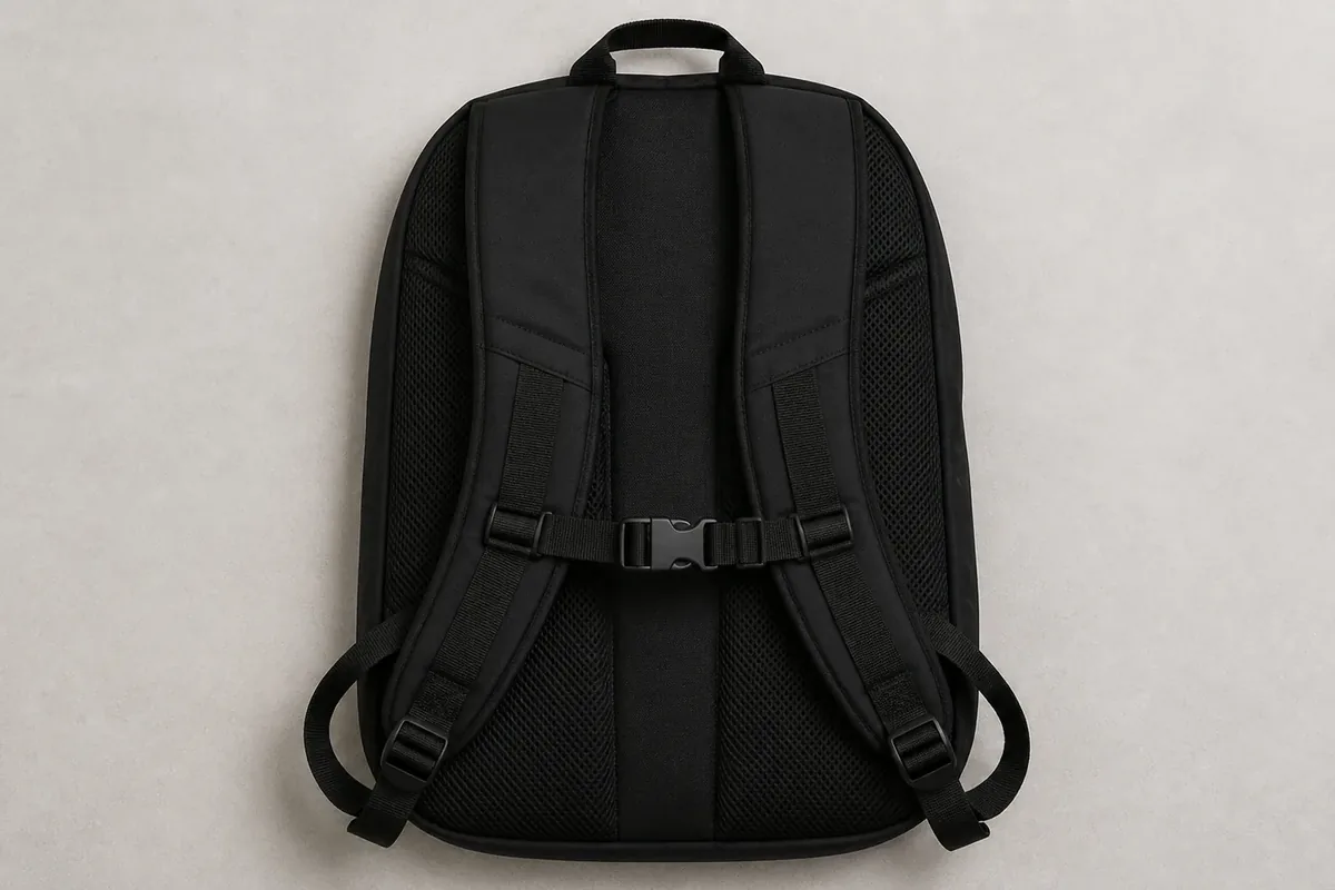 Backpack laid flat with an adjustable removable sternum strap clipped across the shoulder straps