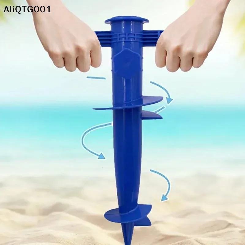 Blue plastic screw-in beach umbrella sand anchor with two handles shown in a listing image
