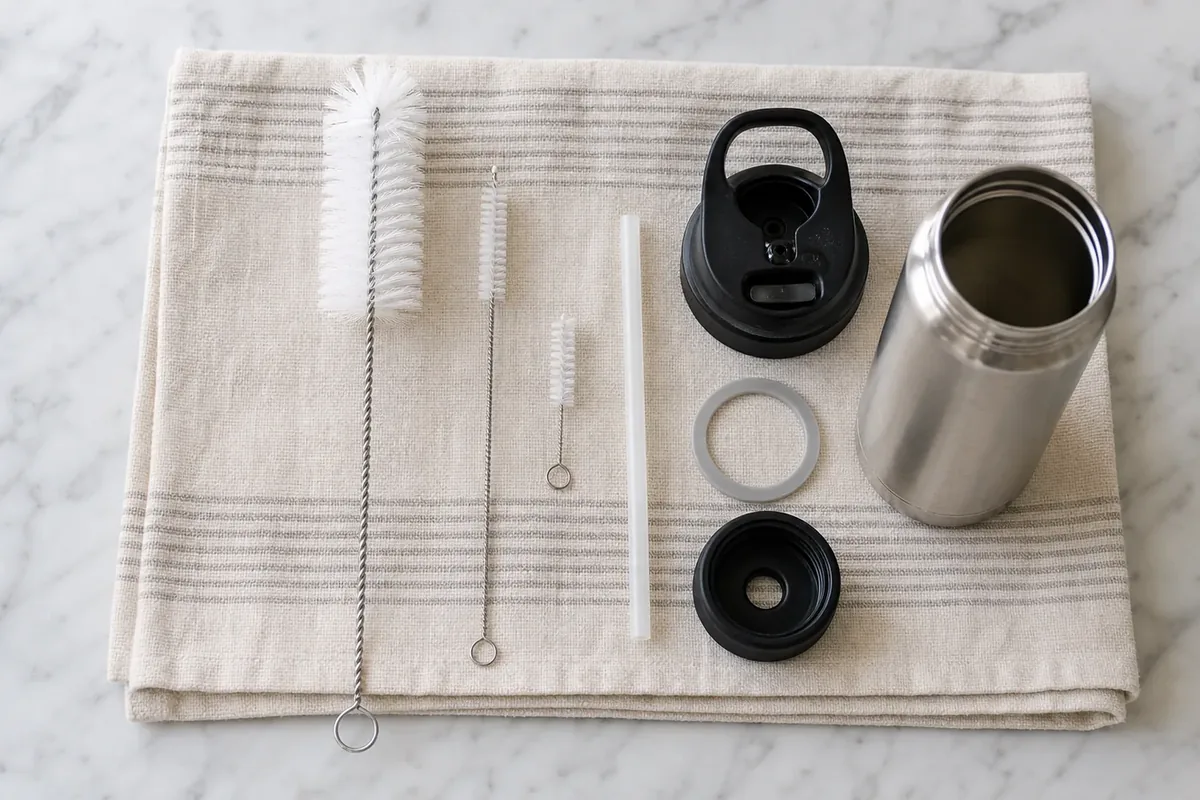 Bottle brush, straw brushes, reusable bottle, cap and gasket arranged on a clean towel