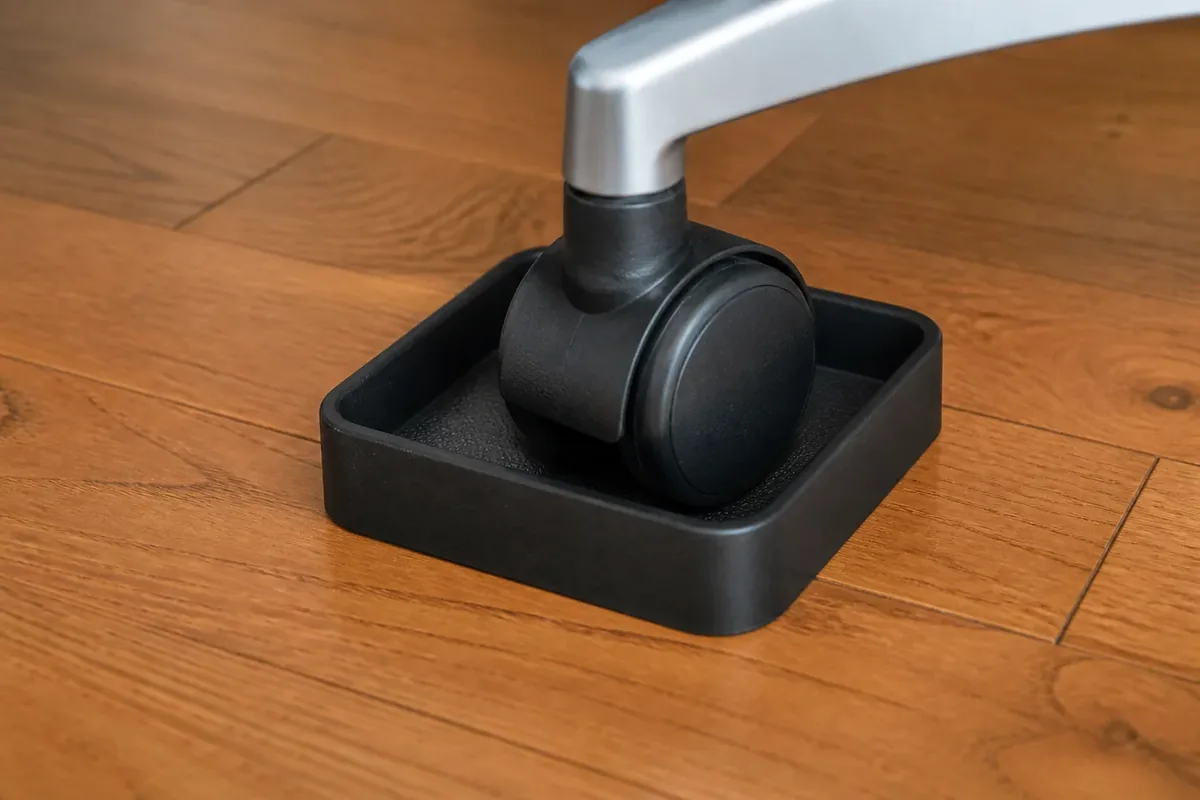 Single office chair caster resting inside a black rubber caster cup on a hard floor