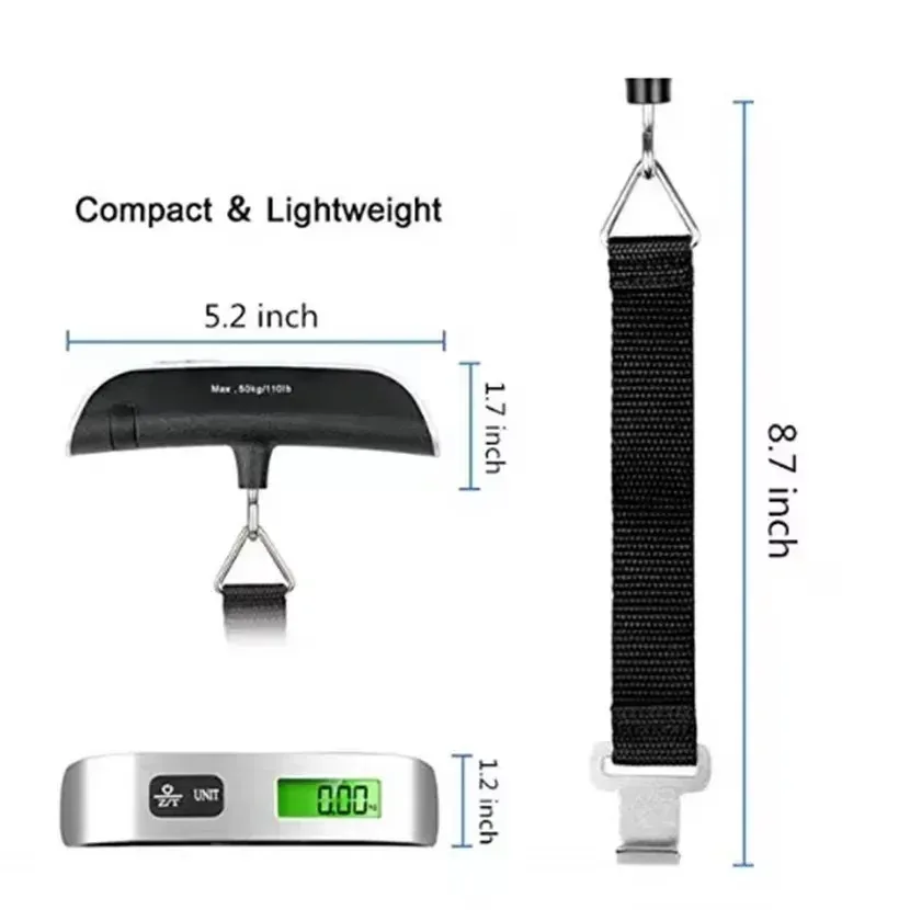 Compact digital hanging luggage scale with black strap and dimensions shown in inches