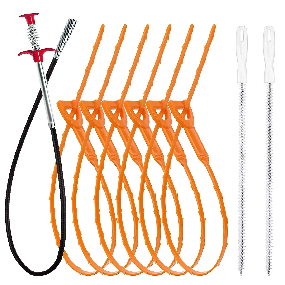 Drain cleaning kit with orange plastic barbed hair removers, flexible grabber and narrow brushes