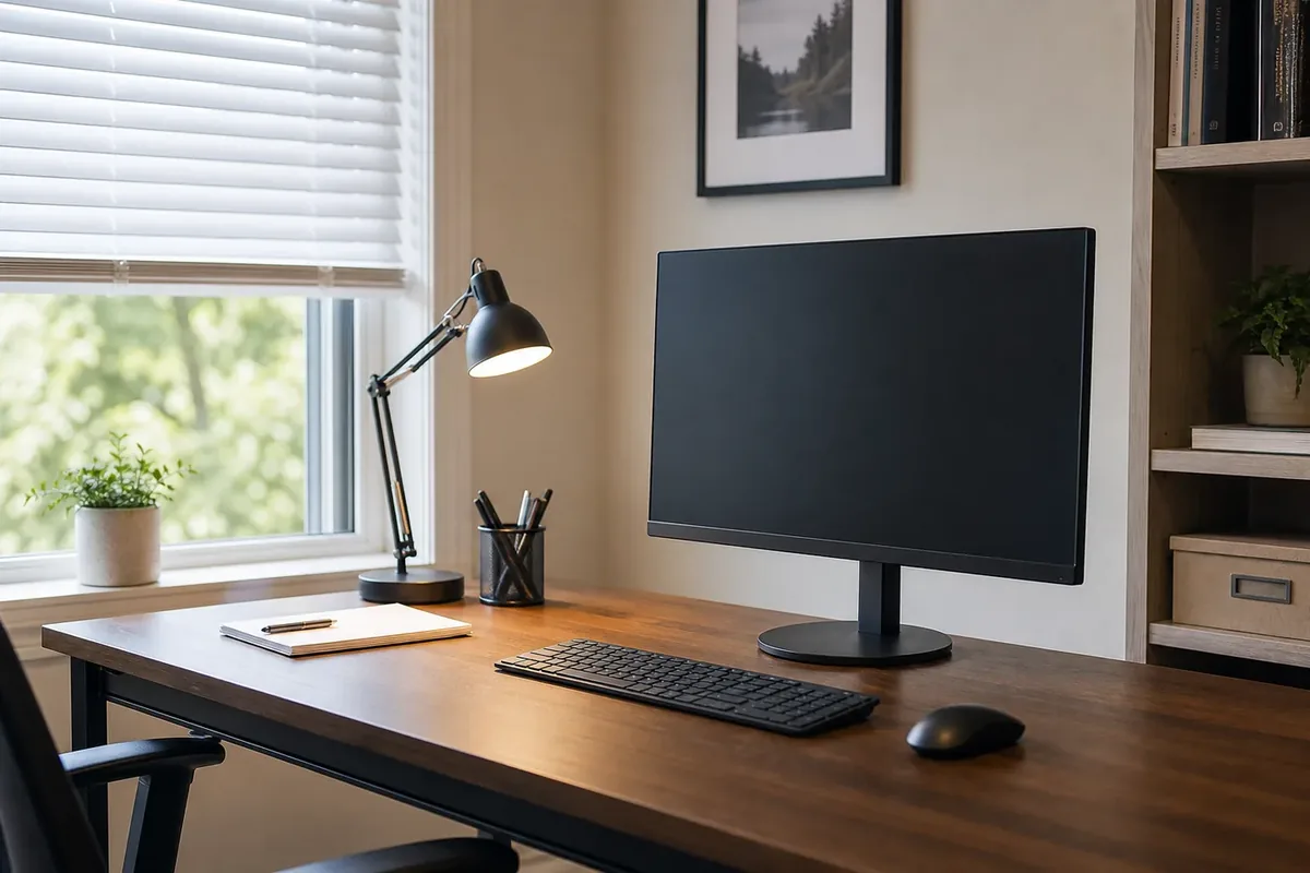 Home office monitor positioned beside a window with blinds partly closed and a desk lamp aimed at paper