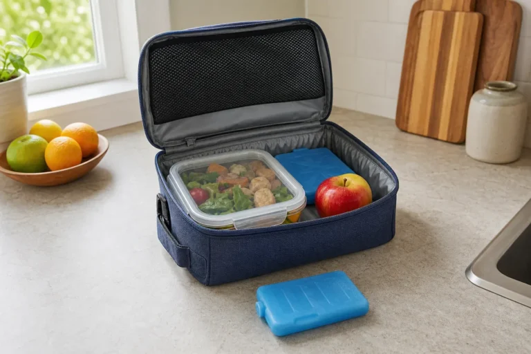 Open insulated lunch bag on a kitchen counter with a sealed meal container, fruit and two blue cold packs