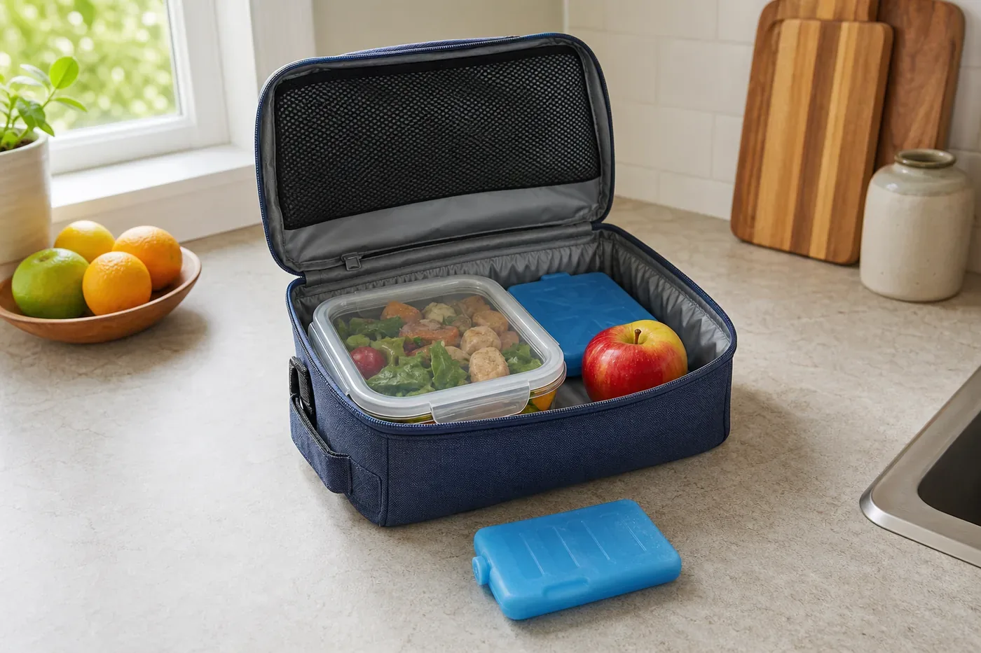 Open insulated lunch bag on a kitchen counter with a sealed meal container, fruit and two blue cold packs