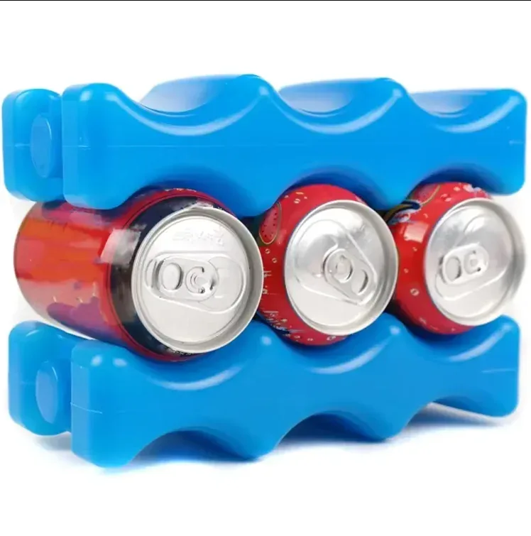 Blue reusable contoured cold packs arranged around three beverage cans