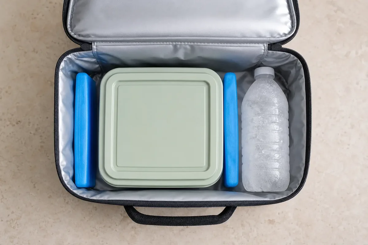 Top view of a sealed lunch container packed between two cold packs with a frozen water bottle