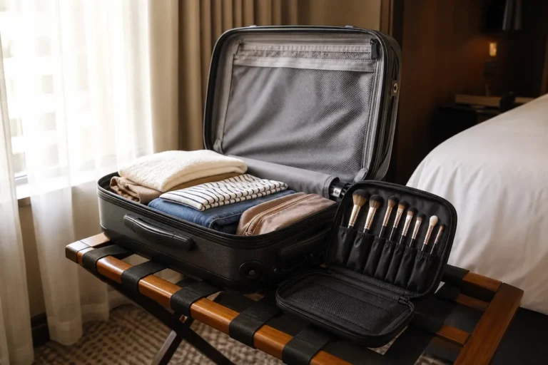 Open suitcase beside a compact zip makeup brush case with brushes held in separate elastic slots