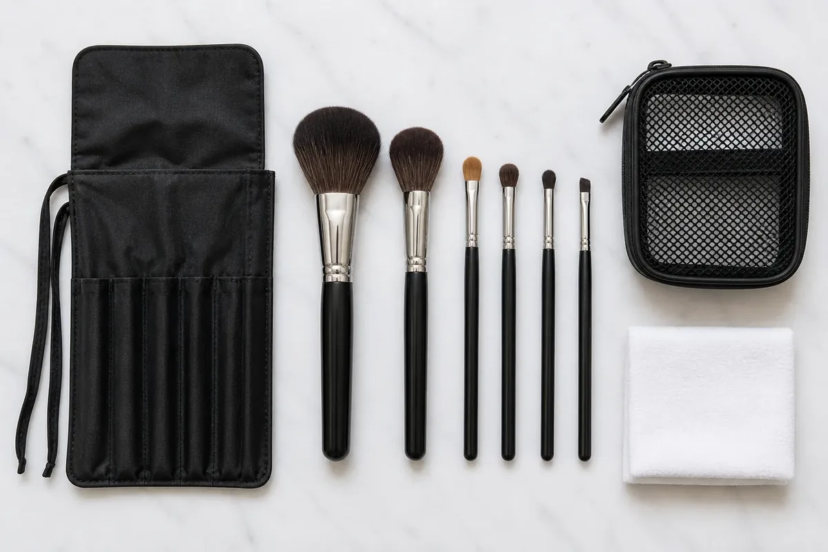 Six dry makeup brushes arranged beside a brush roll, ventilated case, and clean cloth