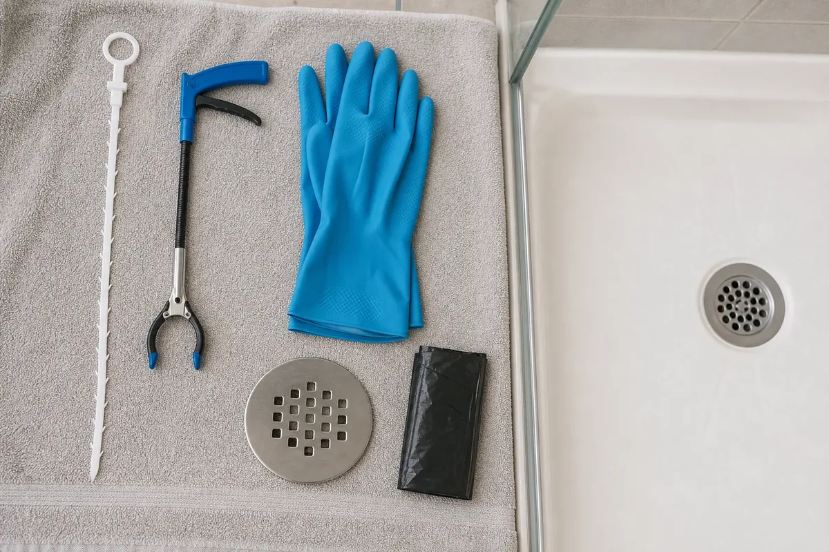 Plastic drain tool, manual grabber, gloves, drain cover and waste bag arranged beside a shower