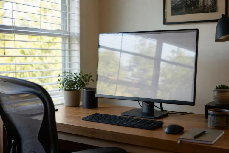 Desktop monitor in a home office with a bright window reflection obscuring the screen