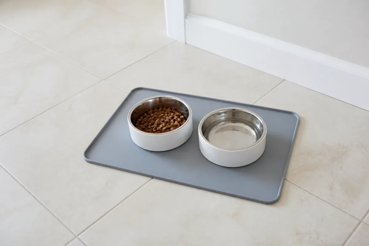 Food and water pet bowls placed on a flat gray silicone mat with a shallow raised edge
