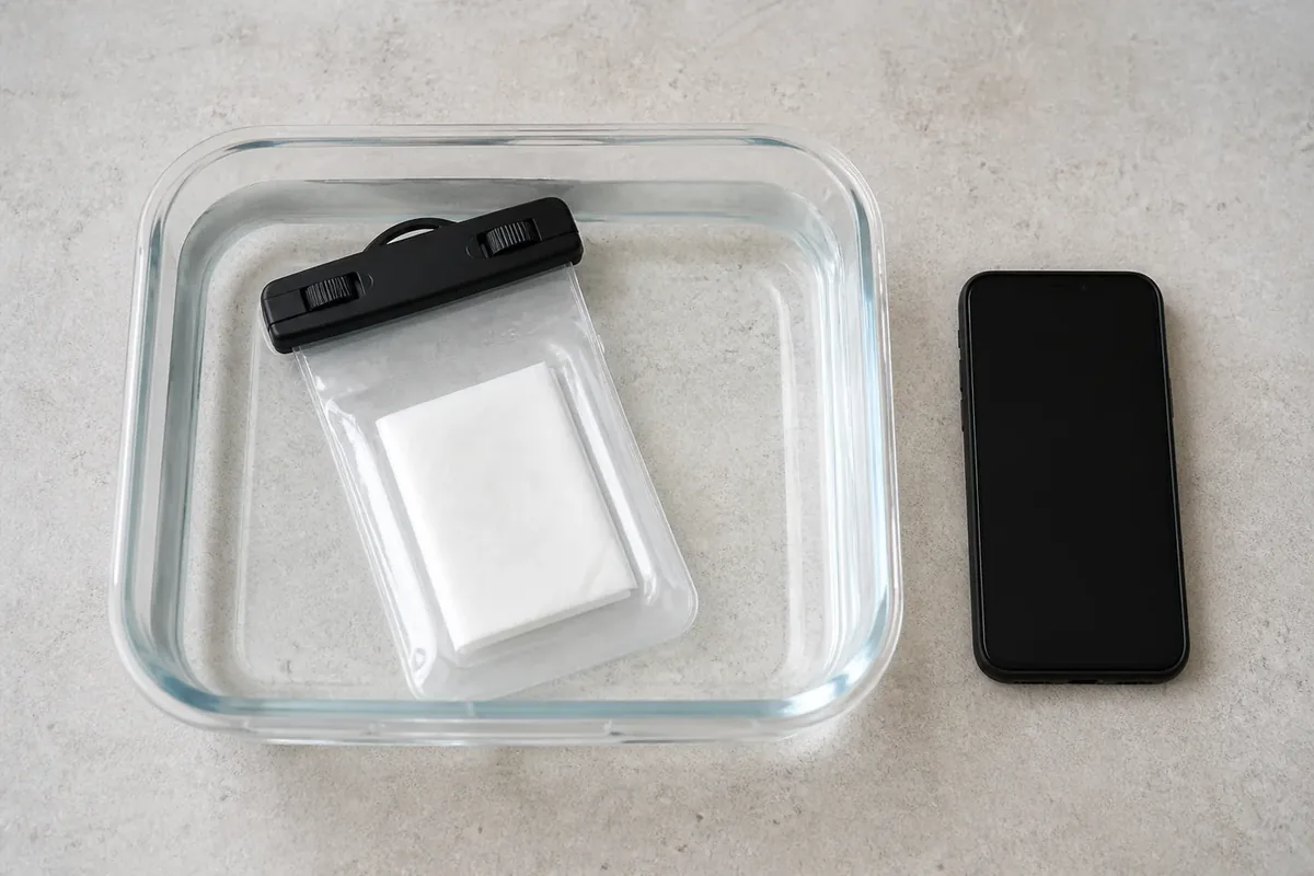 Waterproof phone pouch tested in a shallow basin with dry tissue while the phone remains outside