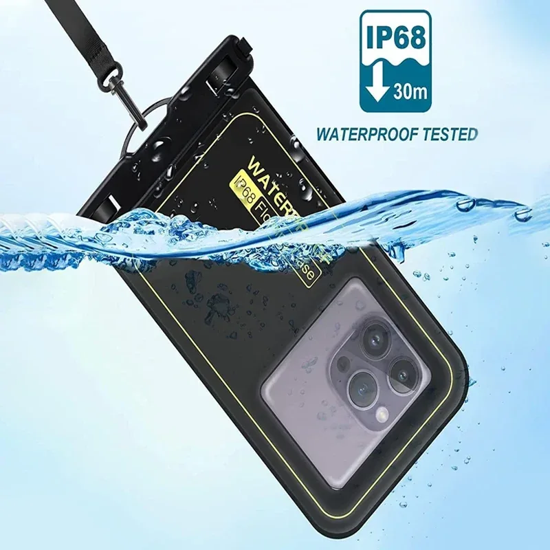 Black floating waterproof phone pouch shown partly in water with an IP68 seller graphic