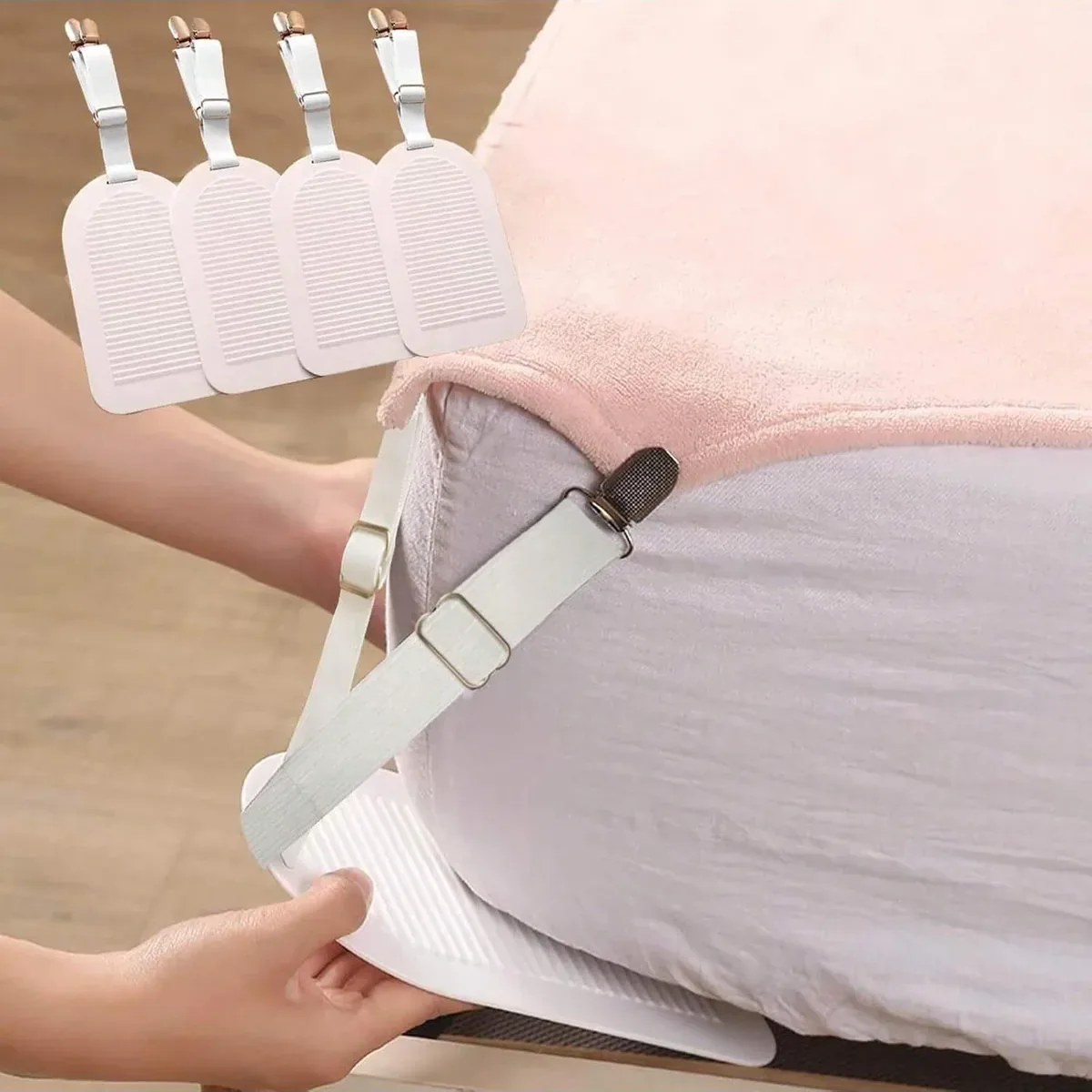 Adjustable elastic bed sheet holder straps with corner clips shown in a marketplace listing