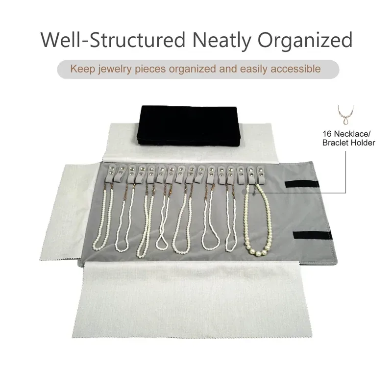 Roll-up travel jewelry bag with separate necklace storage sections