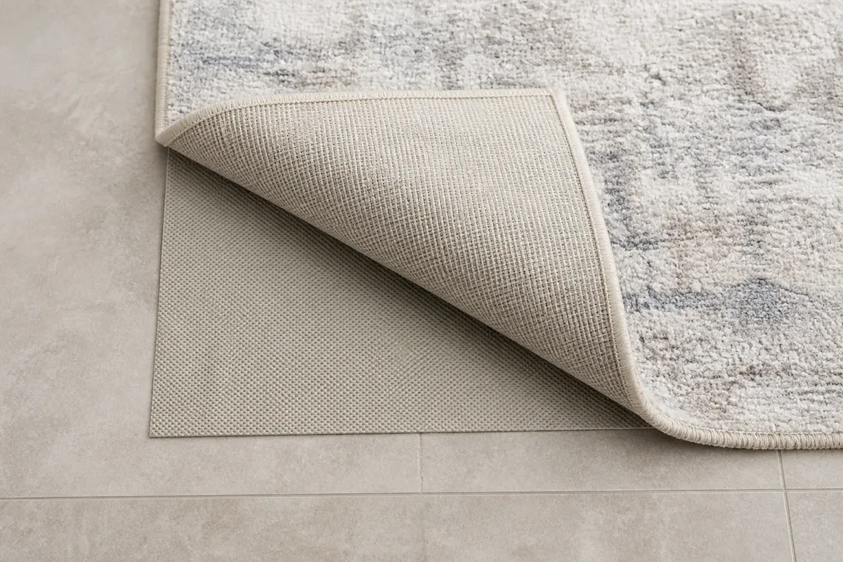 Close view of a rug corner lifted over a thin nonslip pad on smooth tile