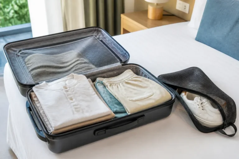 Open suitcase with folded clothes and a clean pair of sneakers separated in a breathable zip shoe bag