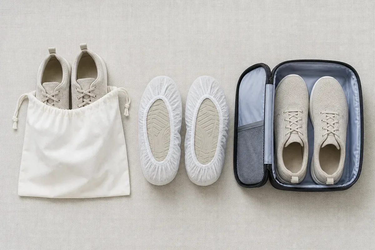 Three shoe-packing options shown with a fabric bag, sole covers, and zip packing case